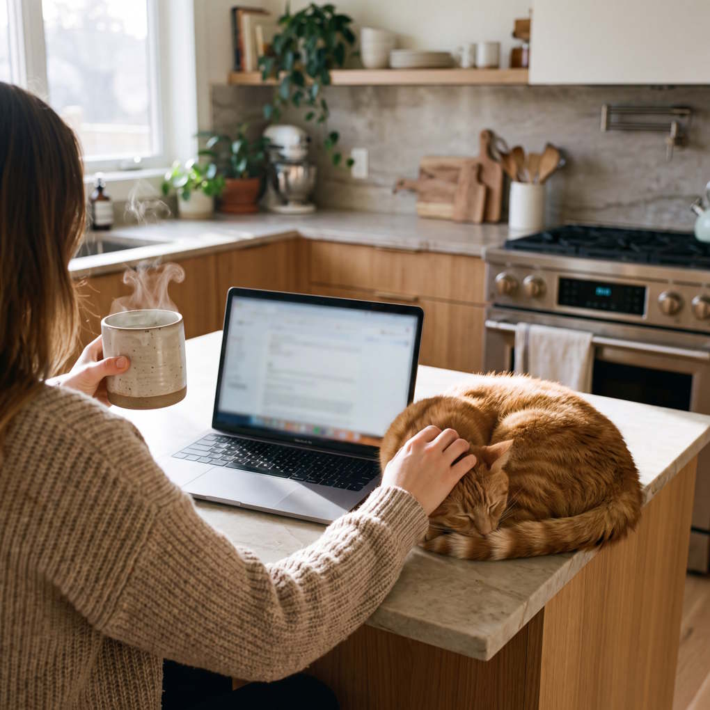Best Pet Insurance - Woman with a Laptop with an Orange Cat | The List Of