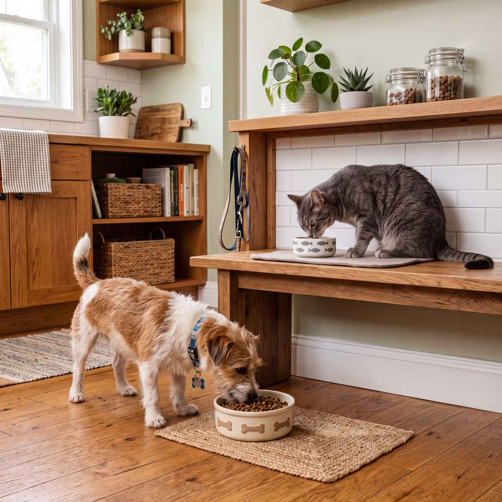 Can Cats Eat Dog Food - A Cat Eating Peacefully from an Elevated Feeding Station While a Dog Eats on the Floor Below | The List Of