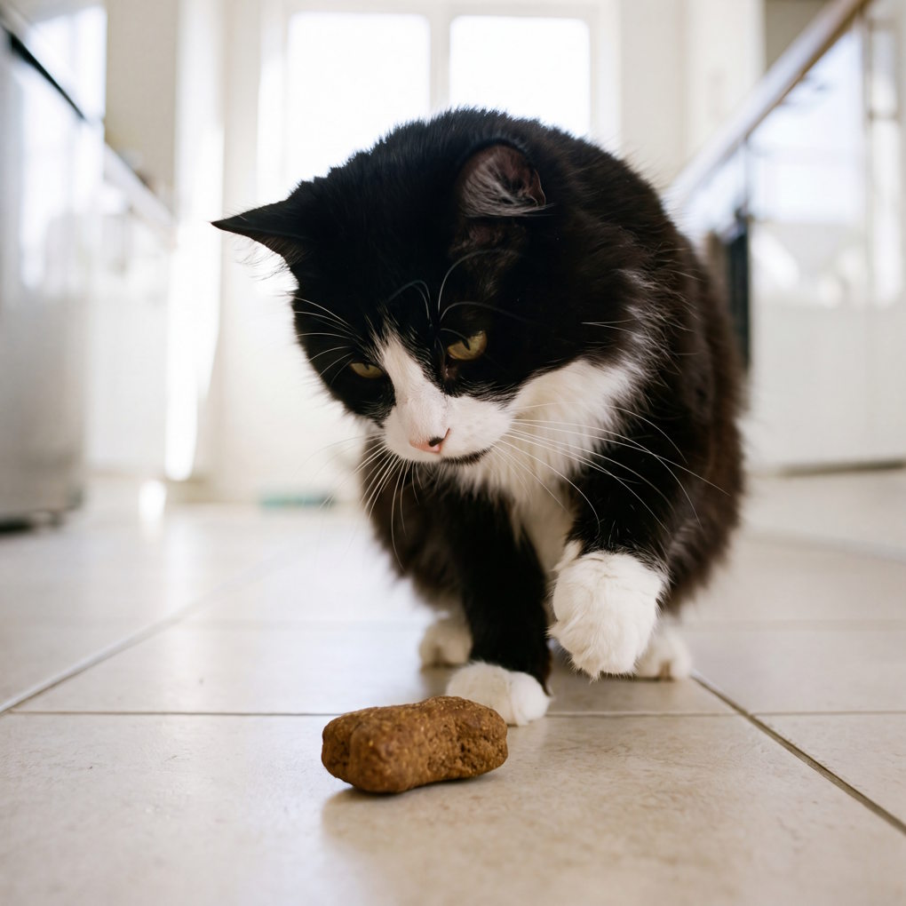 Can Cats Eat Dog Food - A Cat Looking Playfully at a Dropped Piece Of Dog Kibble on the Floor | The List Of
