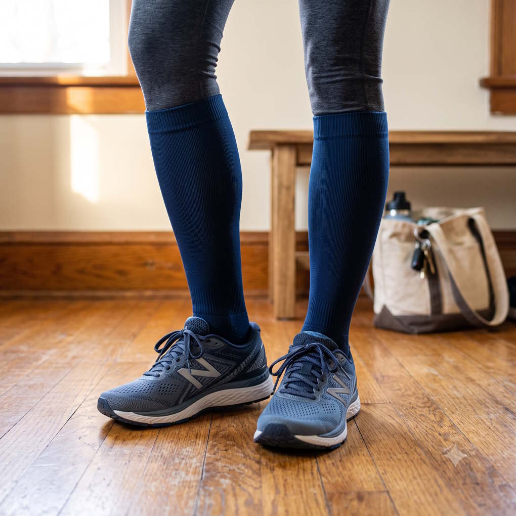 Benefits Of Compression Socks - Blue Compression Socks And Gray Running Shoes | The List Of