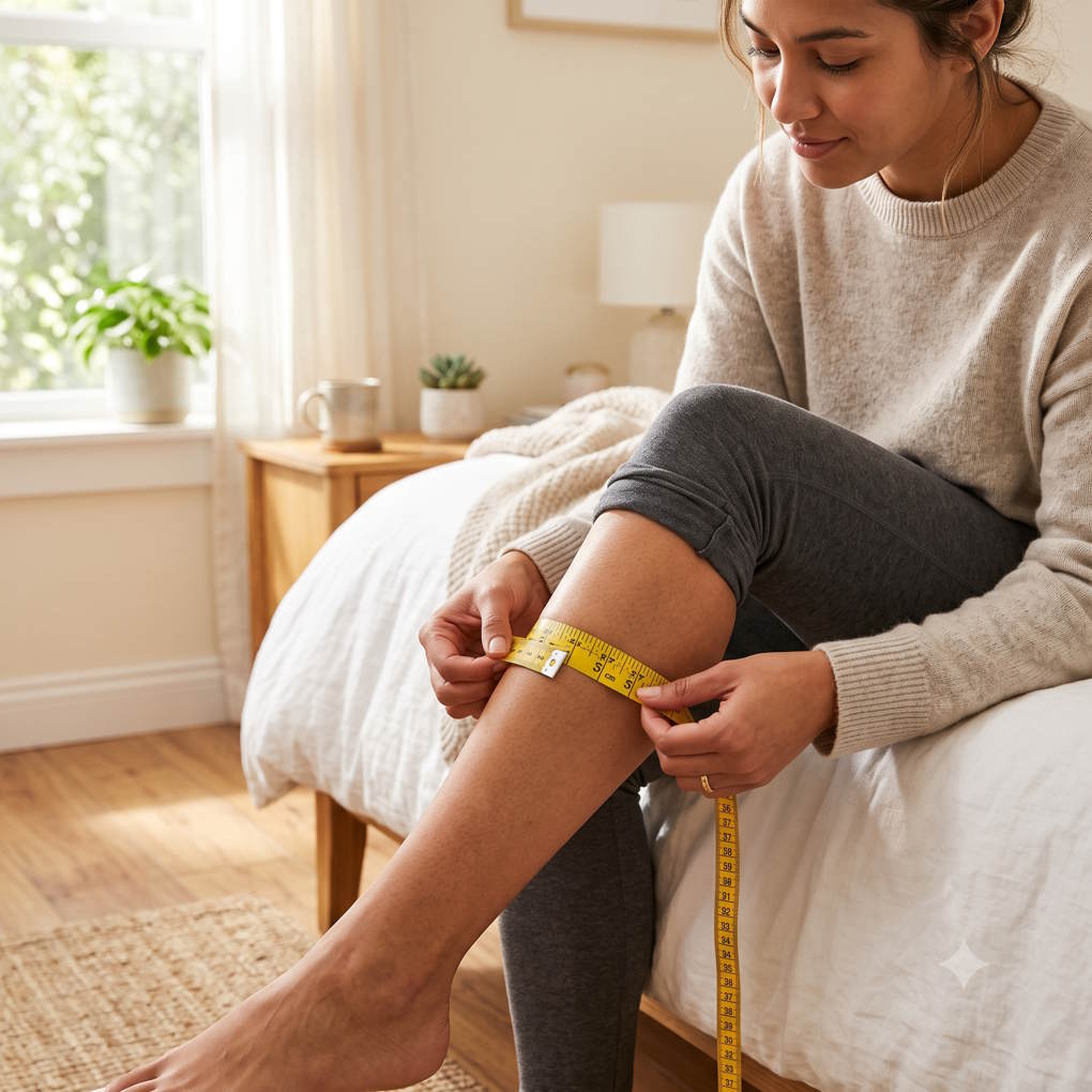 Benefits Of Compression Socks - Woman Measuring Her Calf With A Yellow Tape Measure | The List Of