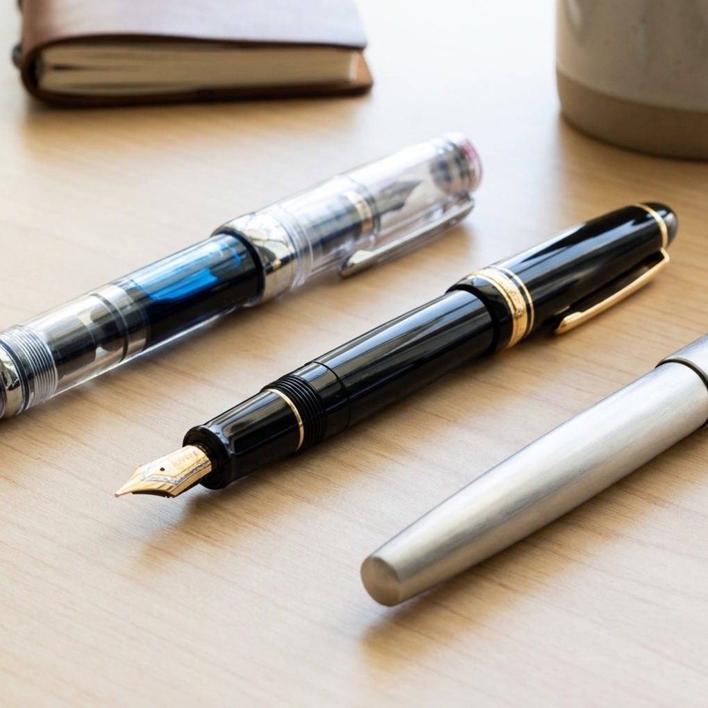 Best Fountain Pens – Three Fountain Pens Placed on a Wooden Surface | The List Of
