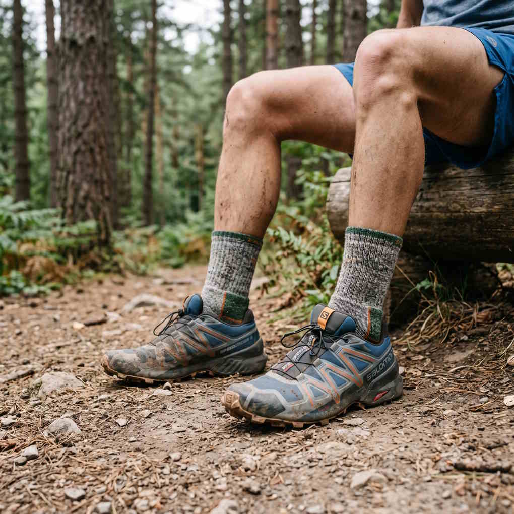 Best Running Socks - Person Wearing Blue And Gray Trail Running Shoes With Gray Socks | The List Of