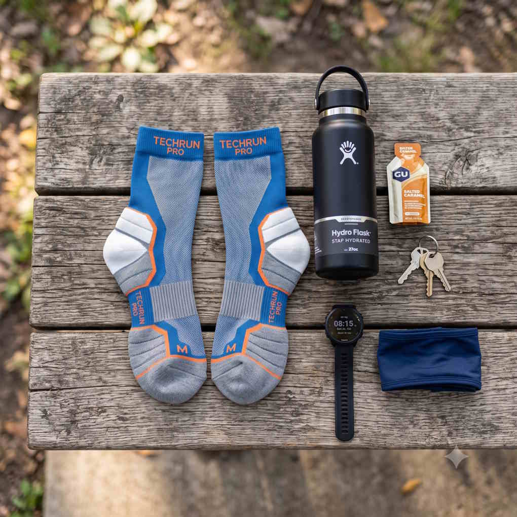Best Running Socks - Running Gear Arranged On A Wooden Picnic Table | The List Of
