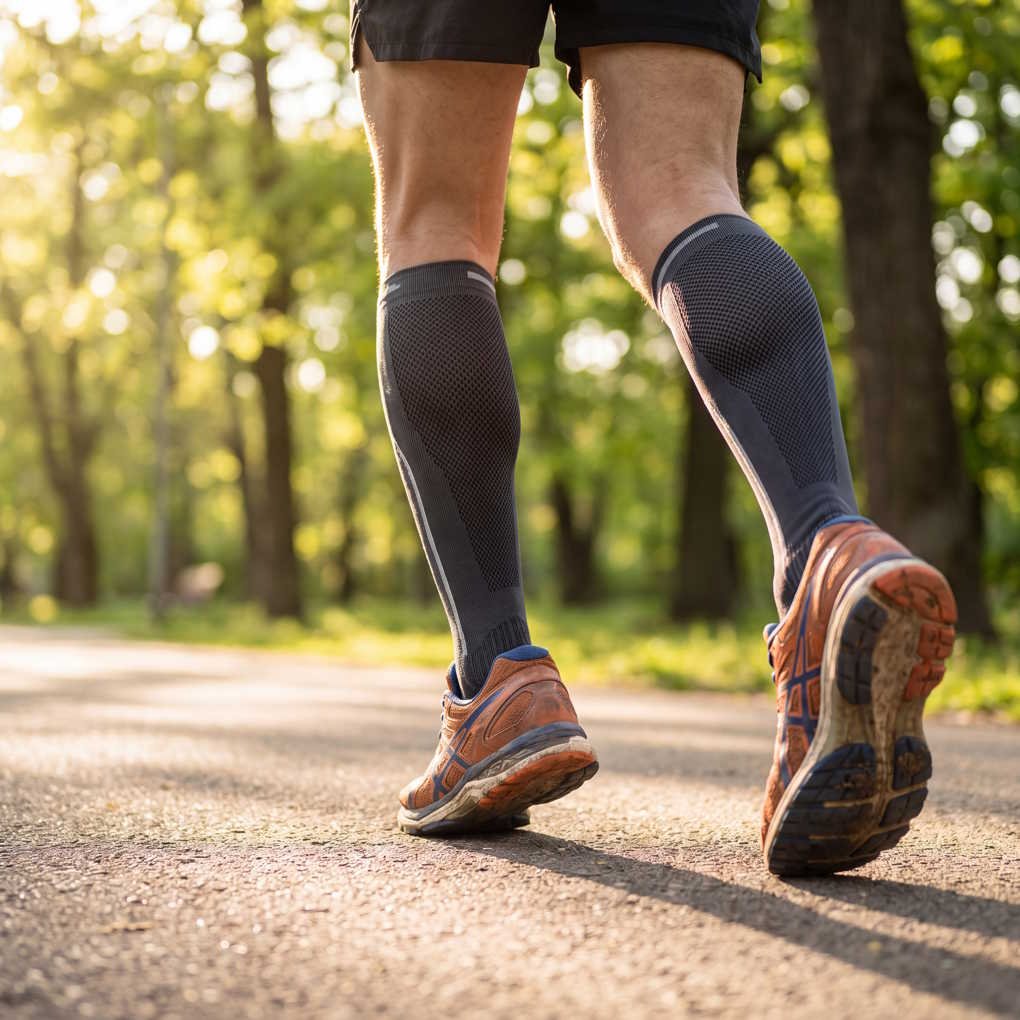 Best Compression Socks Runner - Wearing Supportive, Breathable Knee-High Compression Socks on a Sunny Outdoor Park Trail | The List Of