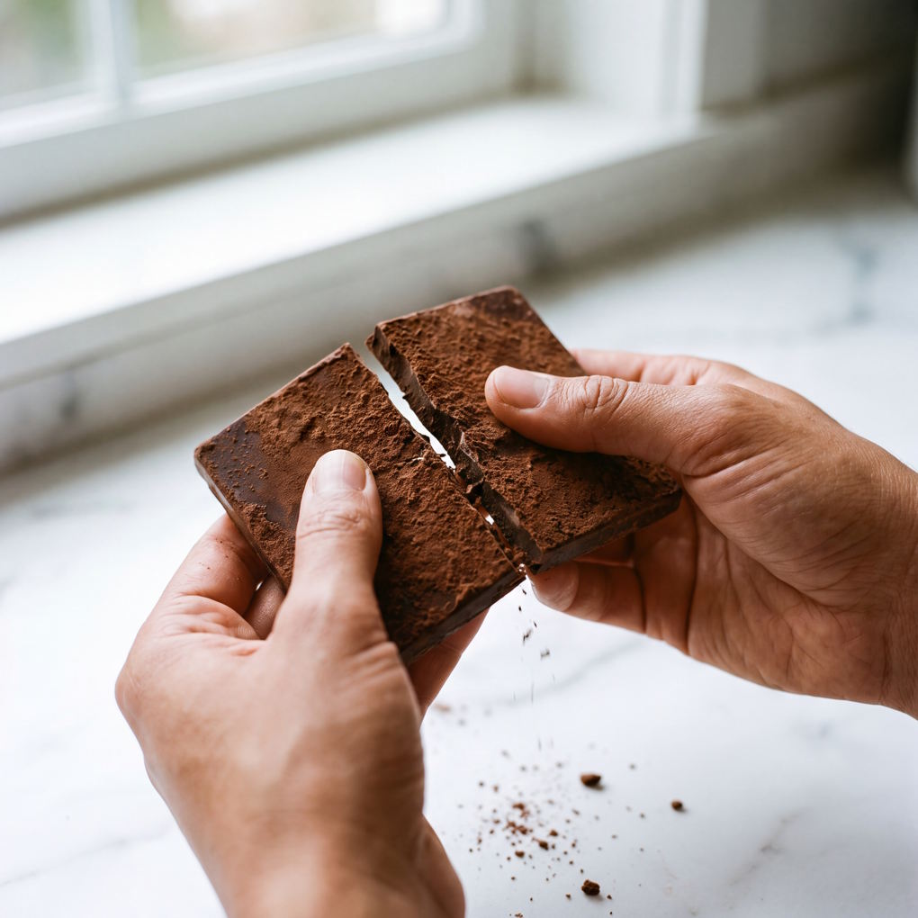 Dark Chocolate Benefits - Hands Breaking A Thick Bar Of Rich Dark Chocolate in Half | The List Of