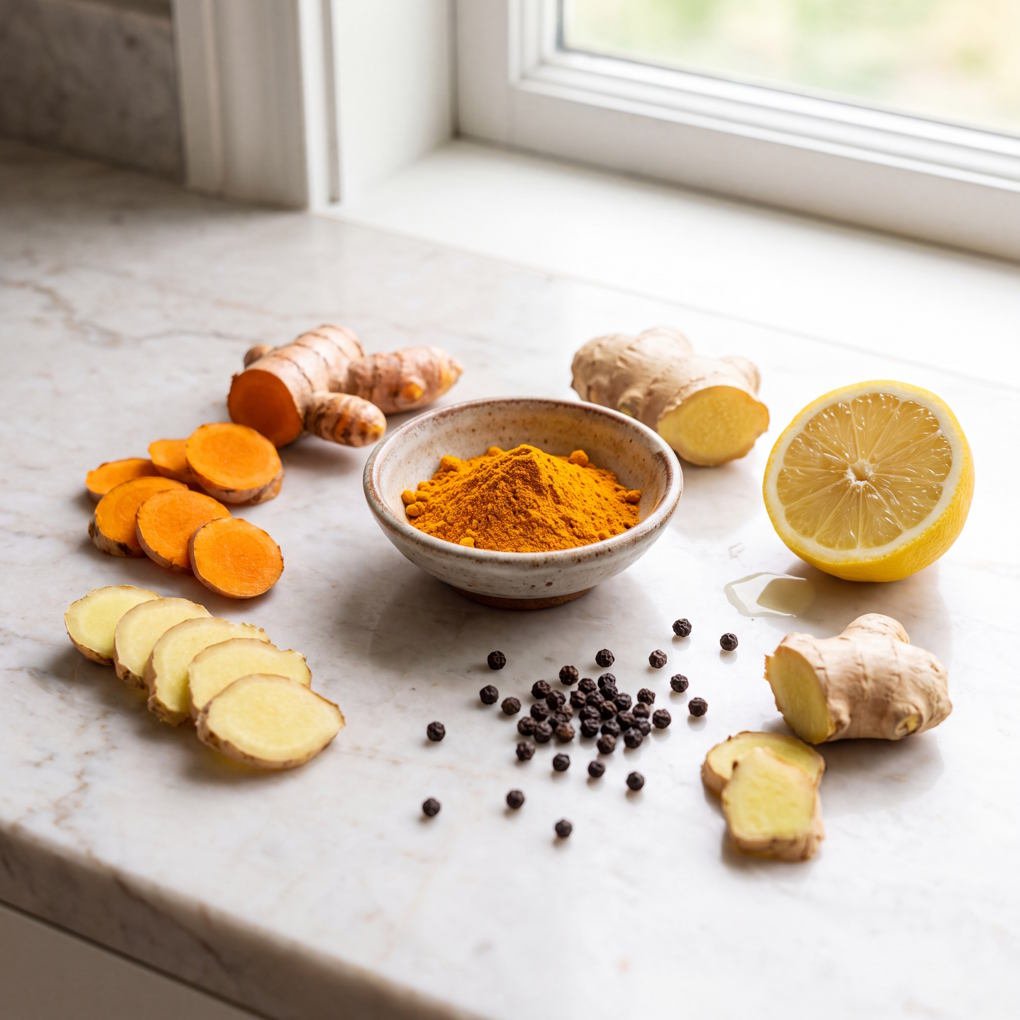 Turmeric Tea Benefits - Fresh Turmeric Root, Ground Turmeric Powder, Ginger, Lemon, And Black Pepper on a Marble Counter | The List Of