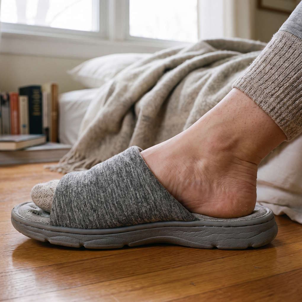 Types of Slippers - Foot Wearing a Gray Open-Toe Slipper with Cushioned Sole | The List Of