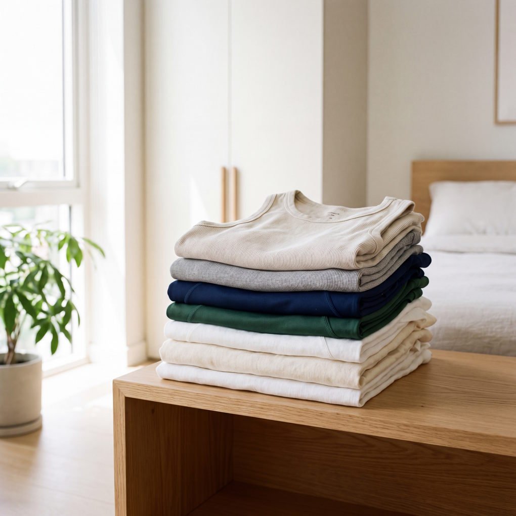 What Is a Tank Top - A Neatly Folded Stack of Various Tank Tops on a Wooden Shelf | The List Of