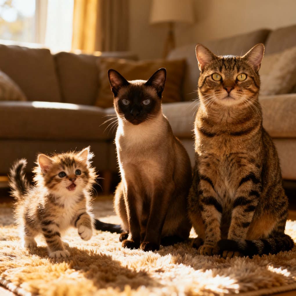 Best Dry Cat Food - Three Cats of Different Ages Sitting Together on a Comfortable Rug | The List Of