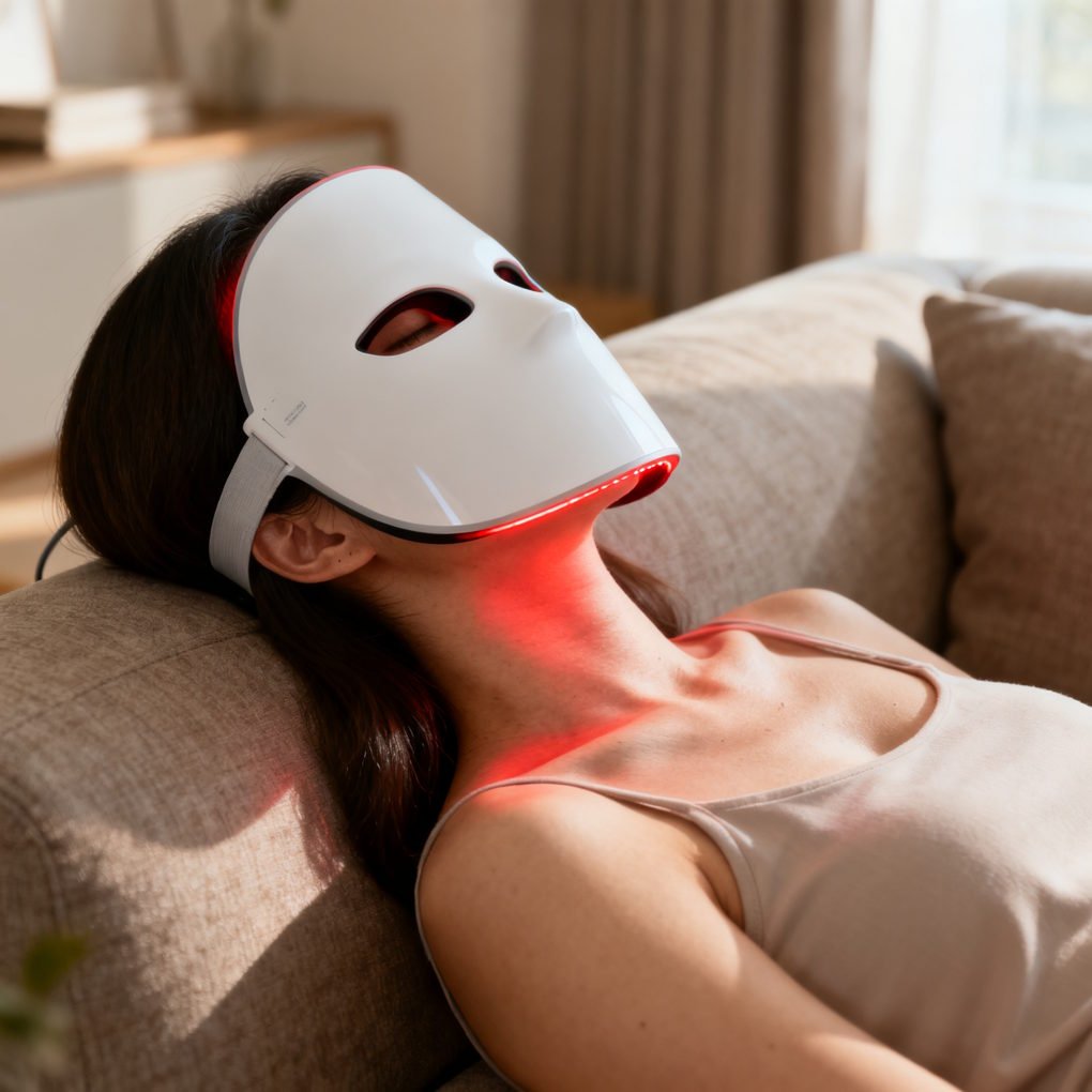 Best Red Light Therapy Mask - Woman Sitting Comfortably On A Living Room Sofa Using A Flexible White LED Red Light Therapy Mask | The List Of