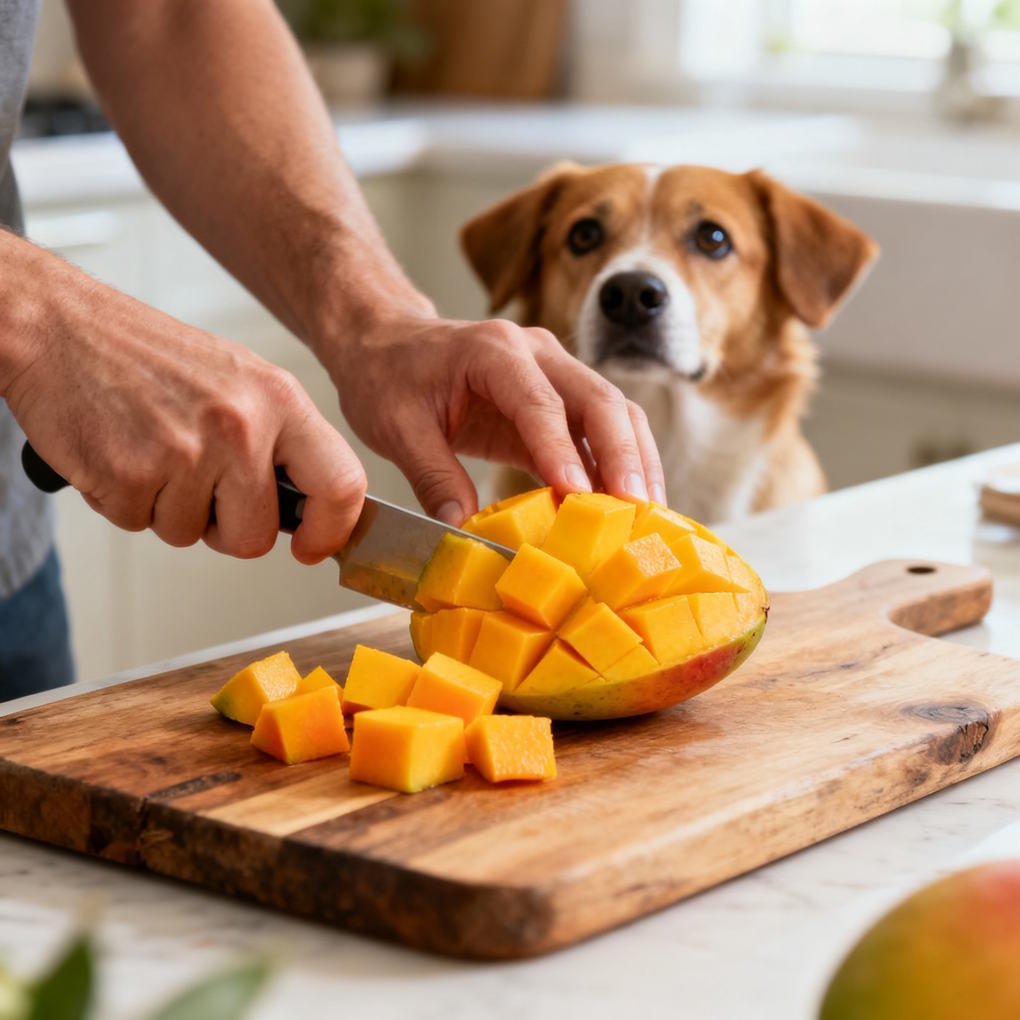 Can Dogs Eat Mango - A Person Preparing Fresh, Diced Ripe Mango On A Wooden Cutting Board With A Dog Watching Attentively | The List Of