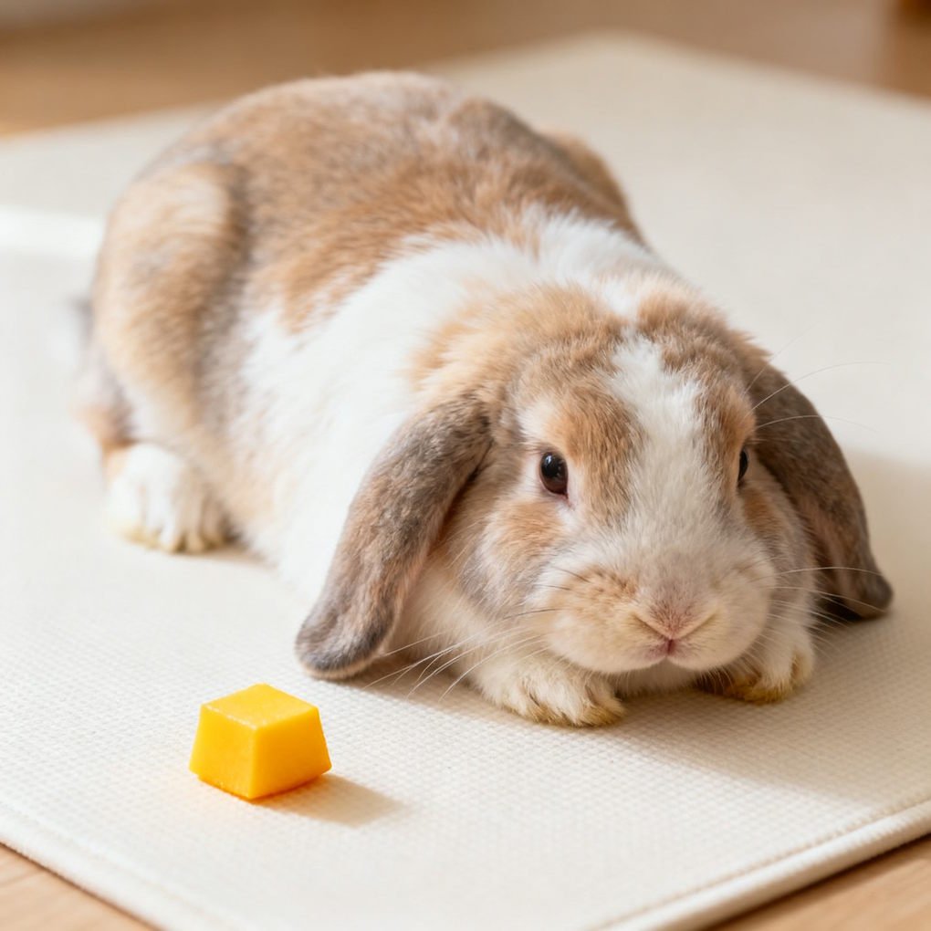 Can Dogs Eat Mango - A Small, Cute Rabbit Sitting Next To A Tiny Piece Of Fresh Ripe Mango On A Soft, Clean Mat | The List Of