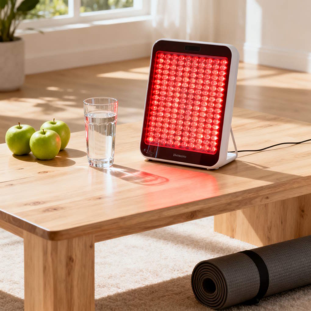 Does Red Light Therapy Work - A Modern Table Setup Displaying A Small, Compact Red Light Device Next To A Glass Of Water And Fresh Fruit, Illustrating Holistic Wellness | The List Of