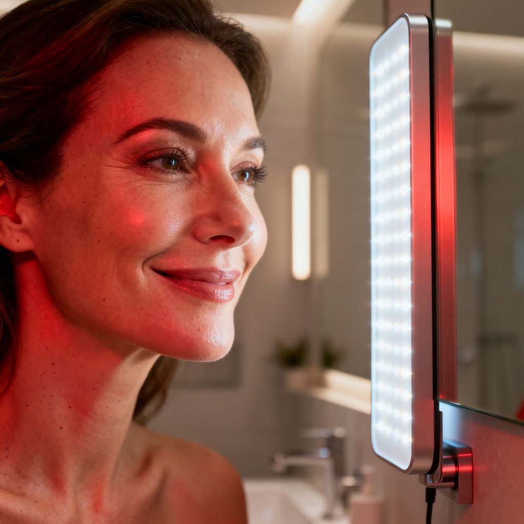 Does Red Light Therapy Work - Close-Up Of A Smiling Woman With Healthy, Glowing Skin Standing Near a Soft Red Light Therapy Device | The List Of