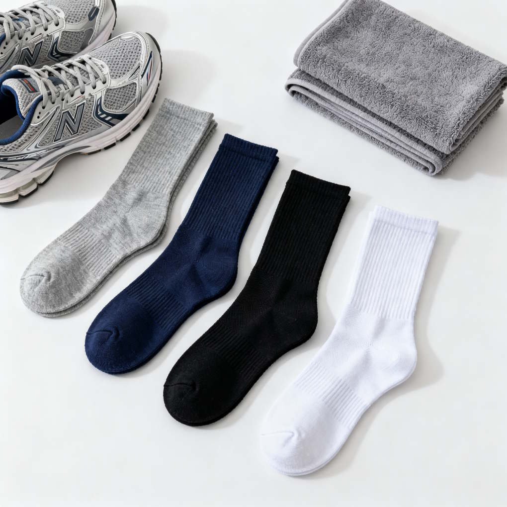 How Do Compression Socks Work - Multiple Pairs of Running Socks Neatly Arranged Next to Running Shoes | The List Of