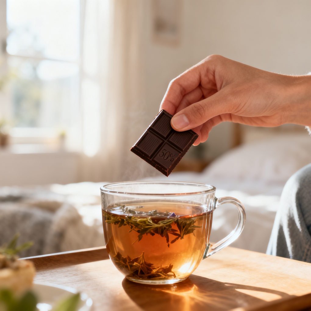 Is Dark Chocolate Healthy - A Hand Holding a Small Square of Dark Chocolate Next to a Warm Cup of Tea | The List Of