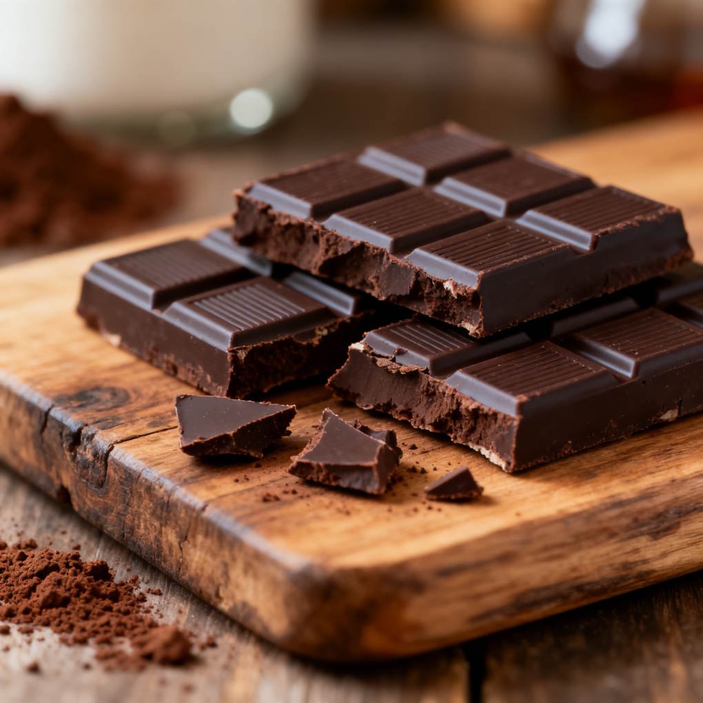 Is Dark Chocolate Healthy - Dark Chocolate Squares and Cocoa Powder on a Wooden Cutting Board | The List Of