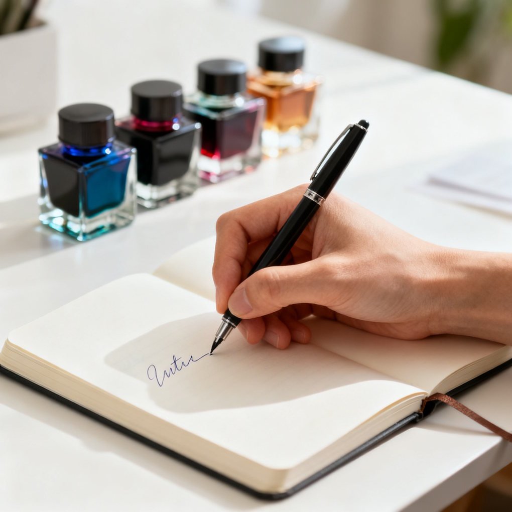 Top Rated Fountain Pens - A Person Writing in a Journal at a Clean Desk with Glass Ink Bottles | The List Of