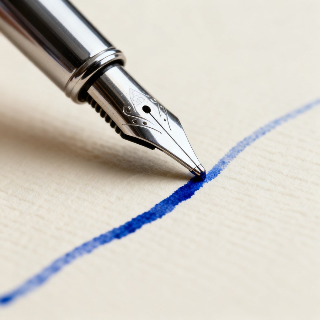 Top Rated Fountain Pens - Silver Fountain Pen Nib Writing with Blue Ink on Cream Paper | The List Of