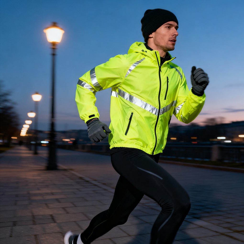 What Clothes to Wear for Running - Male Runner Jogging at Night Wearing a Reflective Neon Yellow Jacket and Running Tights | The List Of