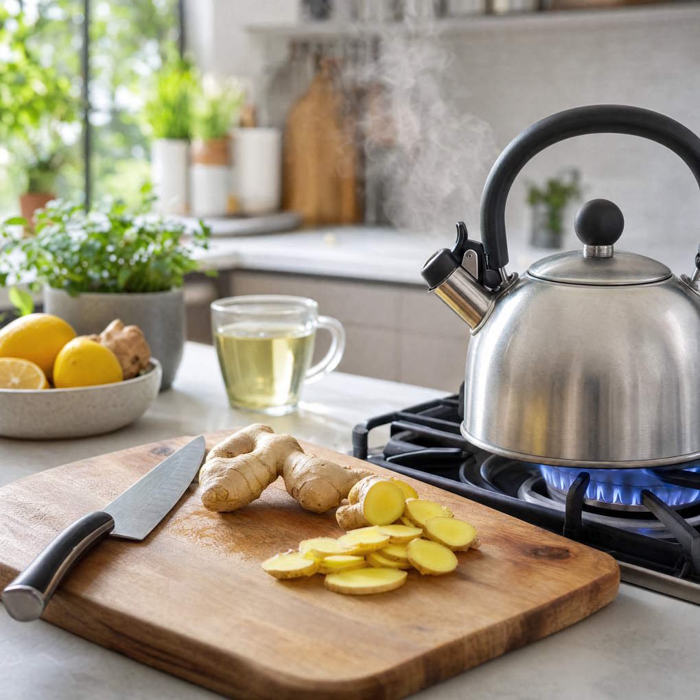 Benefits of Drinking Ginger Tea - Freshly Sliced Ginger Root On A Cutting Board Next To A Steaming Kettle In A Modern Kitchen | The List Of