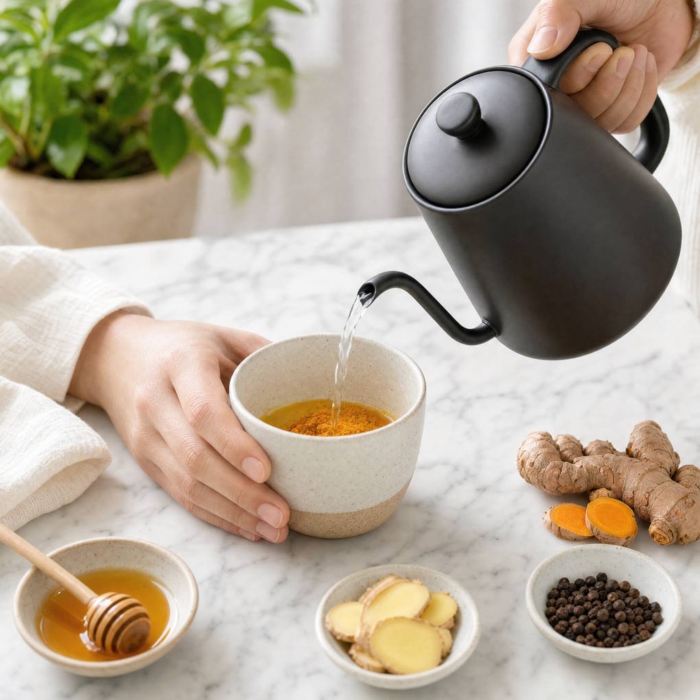 Benefits of Drinking Turmeric Tea - Pouring Hot Water Into A Ceramic Cup To Make Fresh Turmeric Tea With Honey And Ginger | The List Of