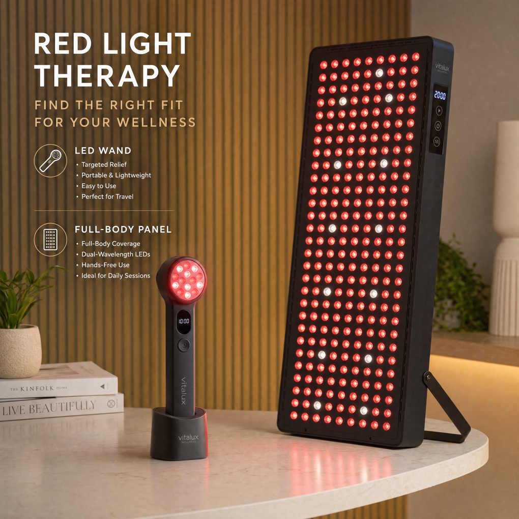Best Full Body Red Light Therapy - Comparison Between A Handheld LED Light Therapy Device And A Full Body Red Light Therapy Panel On A Modern Wooden Table | The List Of
