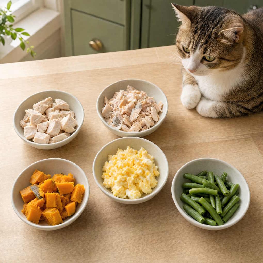 Can Cats Eat Spicy Food - Small Bowls Of Plain Cooked Chicken, Fish, Egg, And Vegetables Offered As Occasional Cat Treats | The List Of