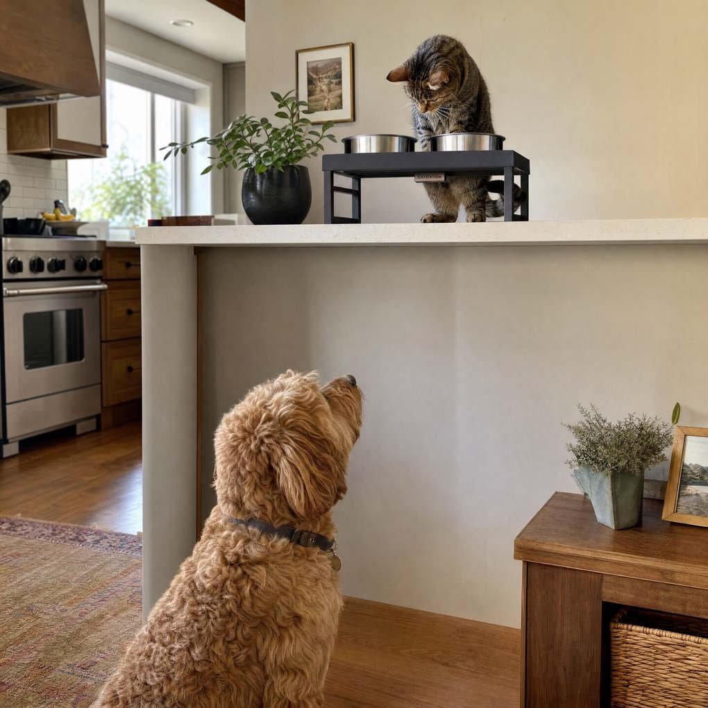 Is Cat Food Safe For Dogs - A Cat Eating From A Bowl Placed Safely On An Elevated Cat Tree Away From A Dog Resting On The Floor | The List Of