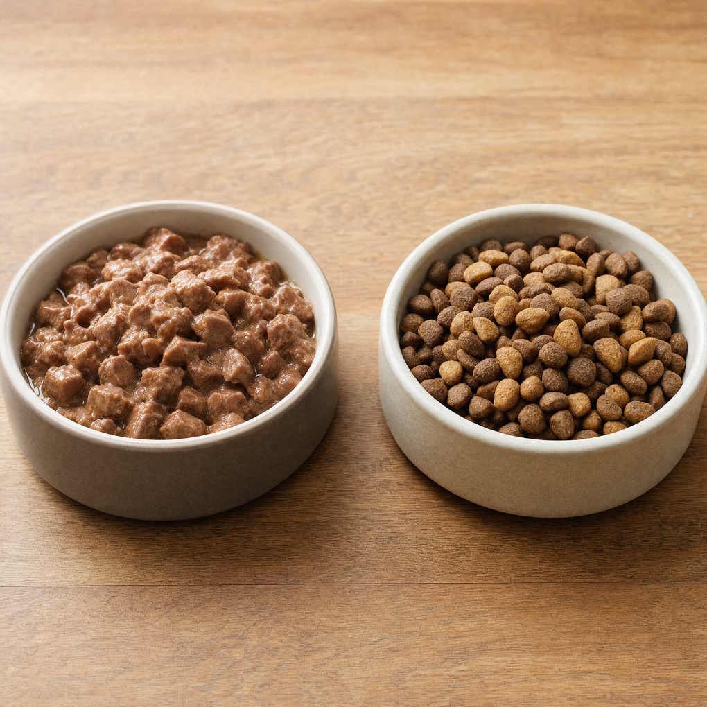 Is Cat Food Safe For Dogs - A Side-By-Side Comparison Of Small Dry Cat Kibble And Larger Dog Kibble In Two Feeding Bowls | The List Of 