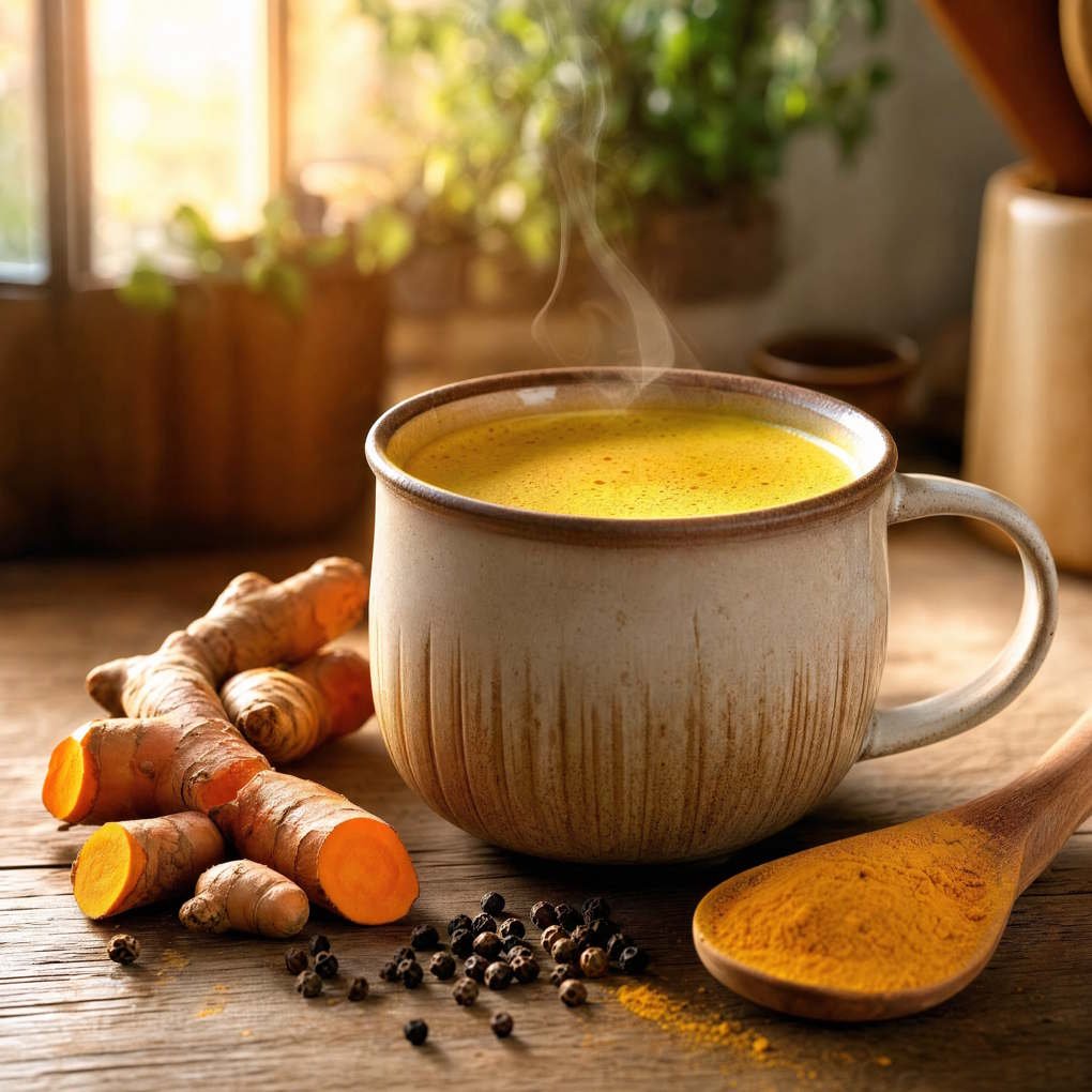 Health Benefits of Turmeric Tea - A Warm Mug Of Golden Turmeric Tea On A Wooden Table Surrounded By Fresh Turmeric Roots | The List Of