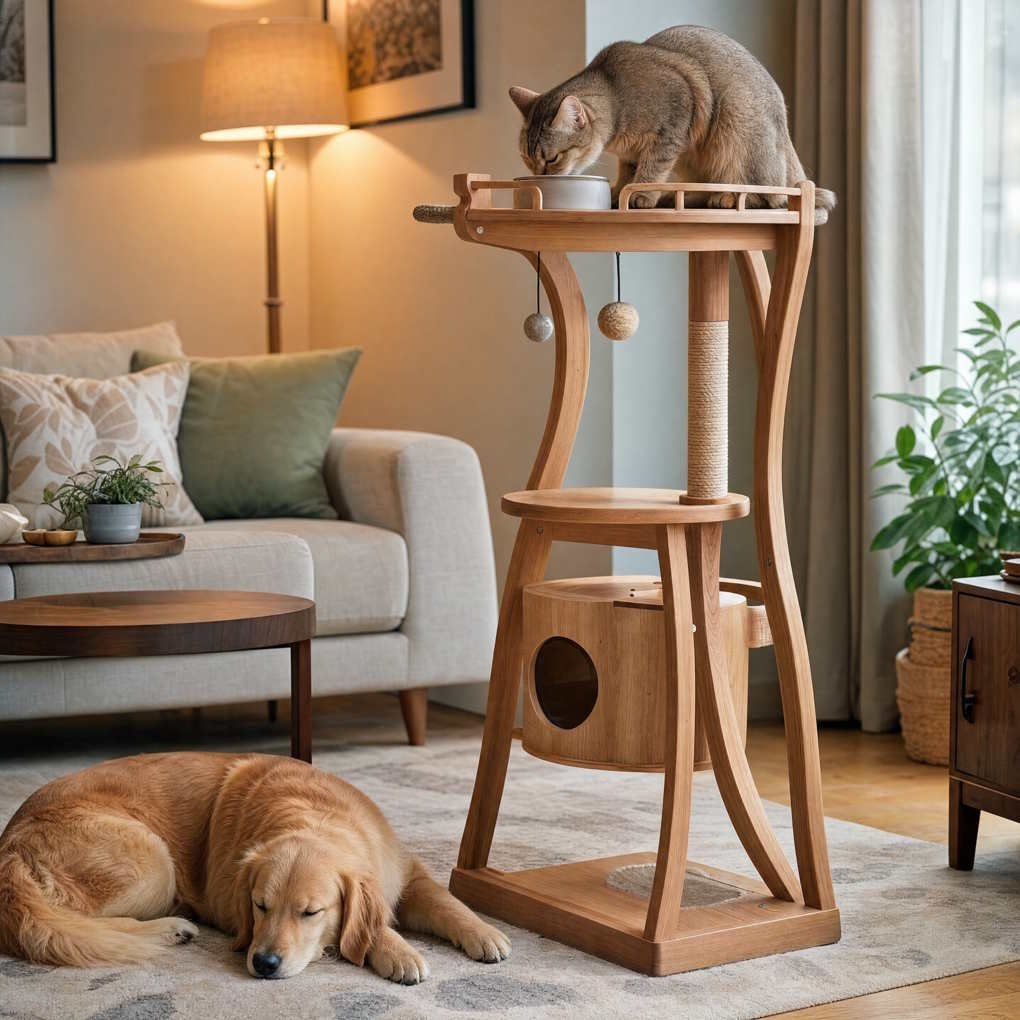 Can Dogs Eat Cat Food - Cat Eating Food On An Elevated Feeding Counter Out Of Reach From A Dog Standing On The Floor | The List Of
