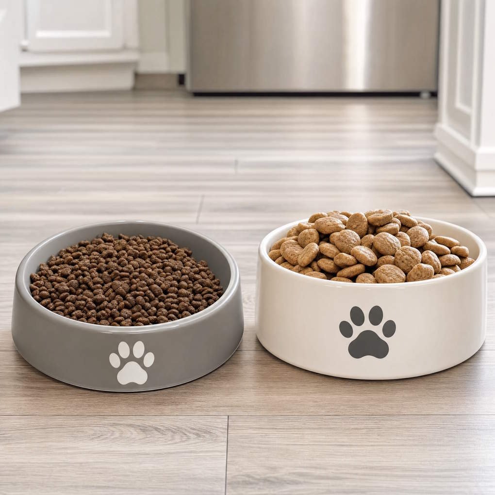 Can Dogs Eat Cat Food - Side-By-Side Comparison Of Dry Cat Kibble And Dry Dog Kibble In Pet Bowls | The List Of