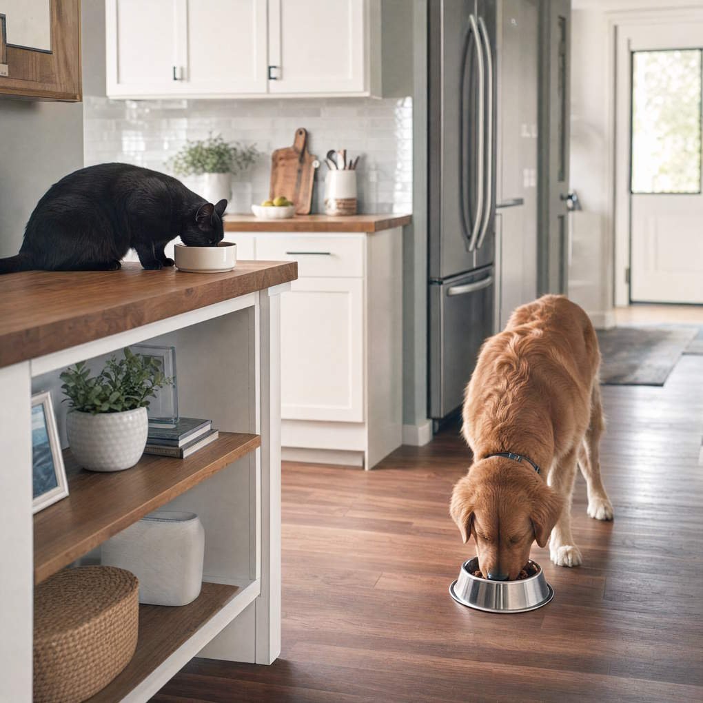 Is Dog Food Safe For Cats - Cat And Dog Eating From Separate Food Bowls In Designated Feeding Areas Of A Modern Kitchen | The List Of