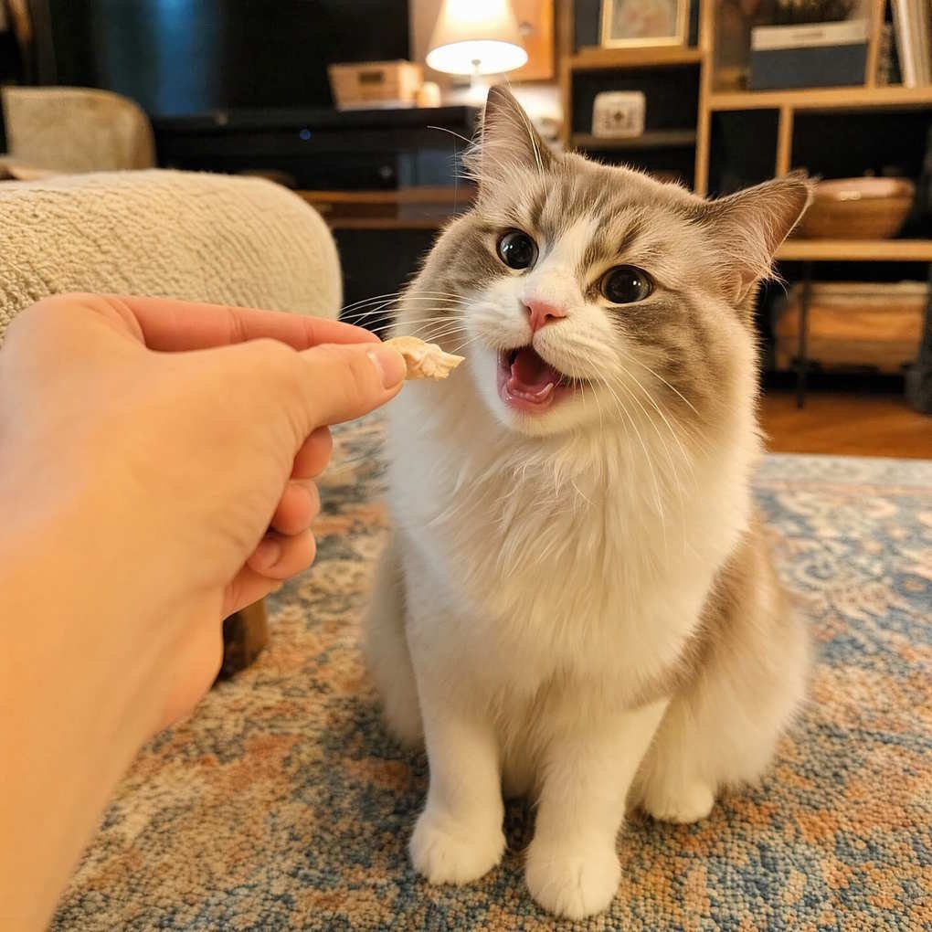 What Human Food Can Cats Eat - A Person Offering A Safe, Plain Chicken Treat To A Fluffy Cat | The List Of