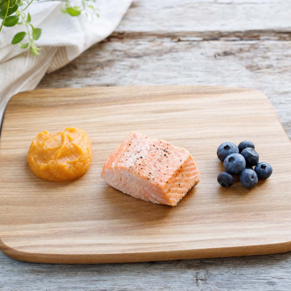 What Human Food Can Cats Eat - A Wooden Board Showing Safe Human Foods For Cats Like Salmon And Blueberries | The List Of