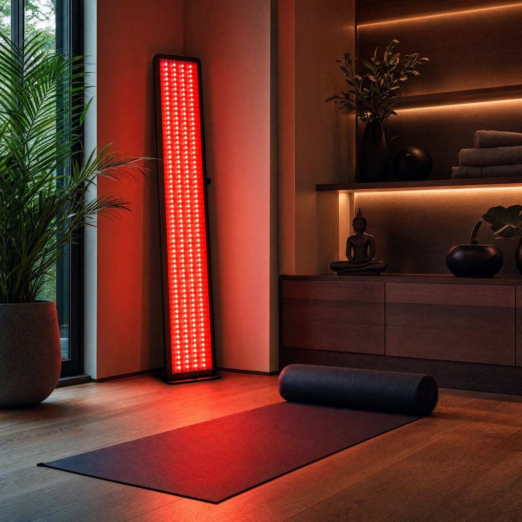 What is LED Light Therapy - A Large Full-Body Red Light Therapy Panel Glowing Warmly In A Modern Home Gym Setting | The List Of