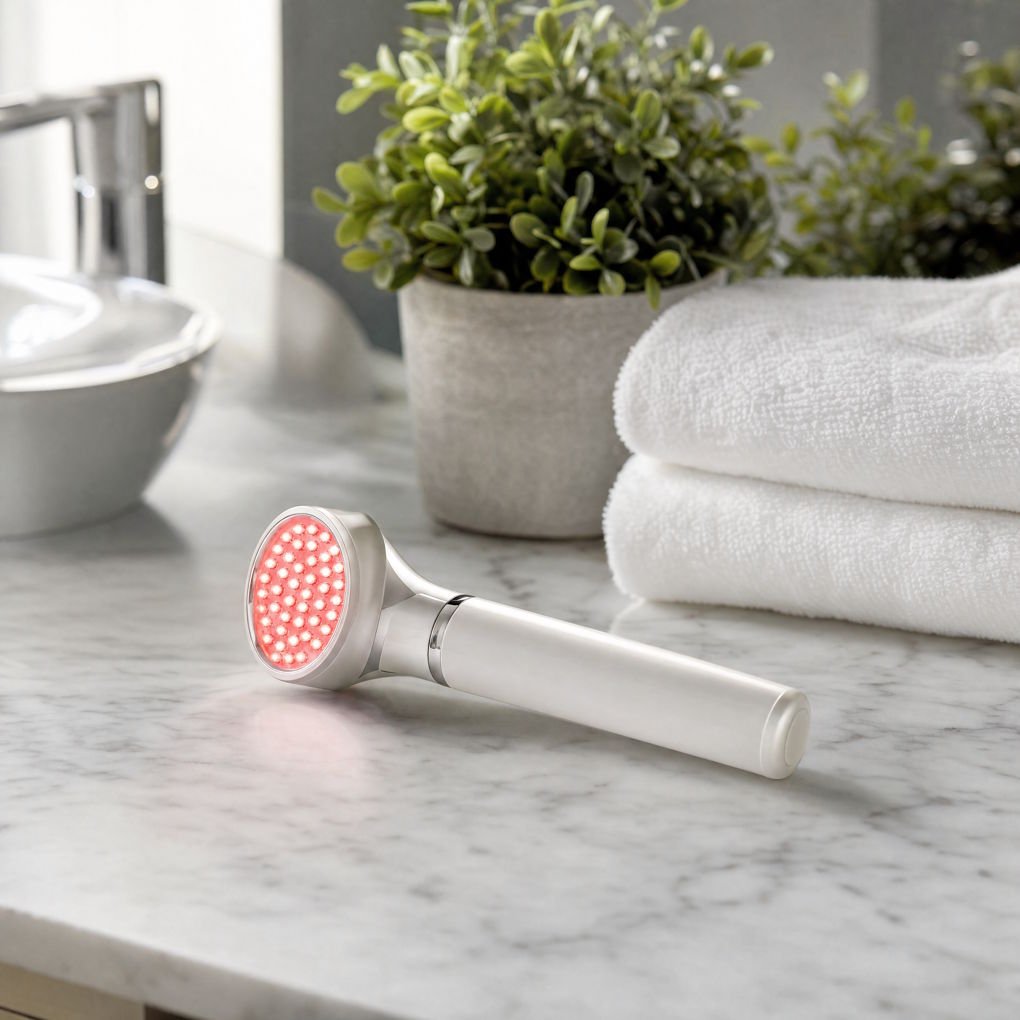 What is LED Light Therapy - A Sleek Handheld LED Light Therapy Wand Resting On A White Marble Bathroom Vanity Next To A Towel | The List Of